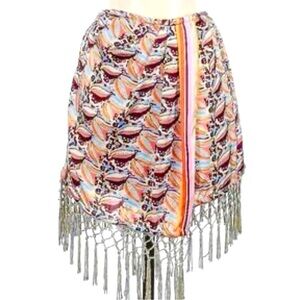 Anthropologie Wrap Mini Skirt Tassel Fringe Trim Geometric Multicolor XS NWT